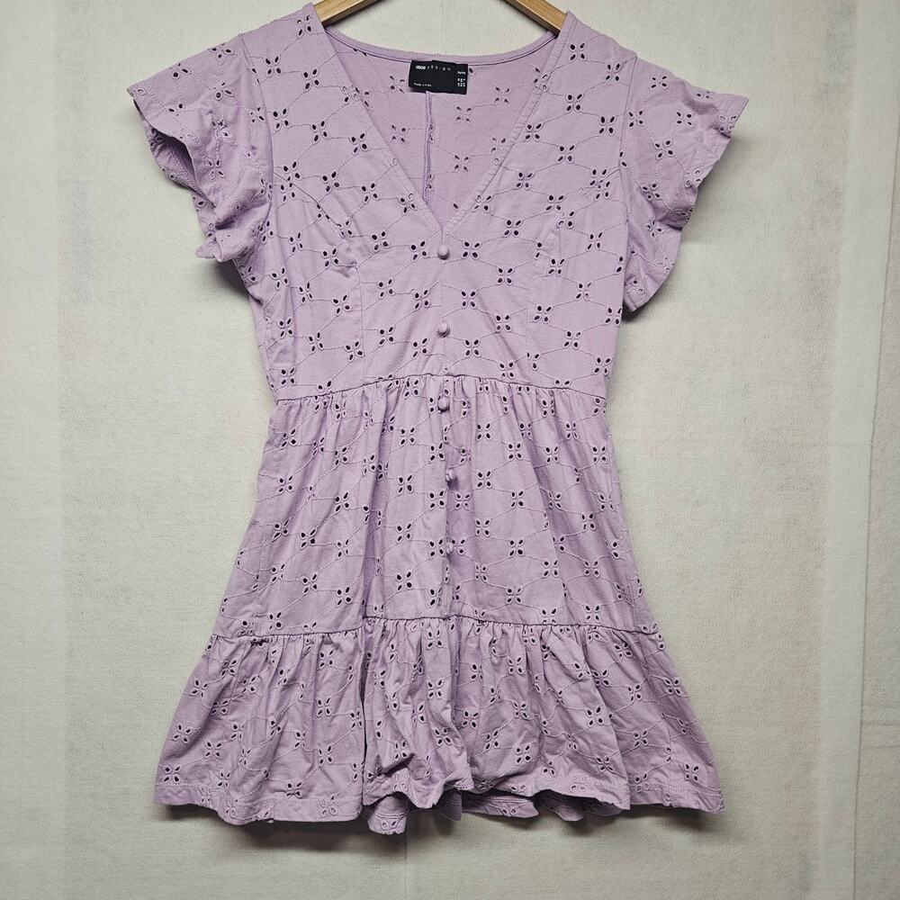 ASOS DESIGN Lilac Eyelet Mini Dress Flutter Sleeve V-Neck Button Front Broderie